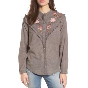 NWT Lucky Brand Embroidered Western Shirt NWT Size M Medium Button Down Top Grey